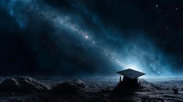 A graduation cap is planted on the surface of a small asteroid, symbolizing success in the vastness of space. Stars and galaxies shine brightly in the background. photo
