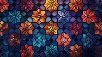 Colorful geometric shapes create an intricate mosaic pattern that showcases vibrant hues of blue, orange, and yellow. This abstract backdrop evokes a sense of creativity and elegance. photo
