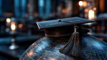 A mortarboard rests on an antique globe in a warm, cozy study, symbolizing academic achievement and exploration. photo