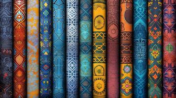 Layers of colorful mosaic patterns showcase a variety of vibrant hues and intricate designs against an abstract background, creating a visually captivating display of artistry and texture. photo