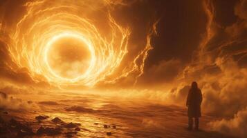 A lone traveler stands at the edge of a mystical shoreline, gazing at a large, fiery portal in the sky. The vibrant colors and swirling clouds create a dreamlike atmosphere. photo