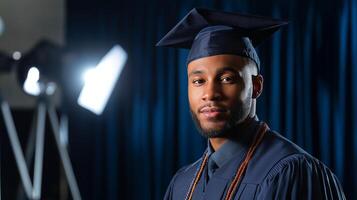 A graduate stands proudly holding his diploma, wearing a cap and gown, as he poses for an official photo in a formal setting.
