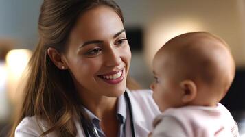 A pediatrician comforts a baby with a gentle smile in a bright clinic, creating a trusting atmosphere during a routine check-up. photo
