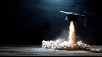 A graduation cap hovers above a drawing on a chalkboard, emitting a plume of smoke, signifying achievement and launch into the future. photo