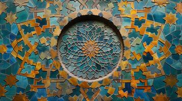 This artwork showcases a stunning abstract mosaic with intricate geometric patterns and a circular centerpiece. Vibrant colors blend beautifully to create an engaging visual experience. photo