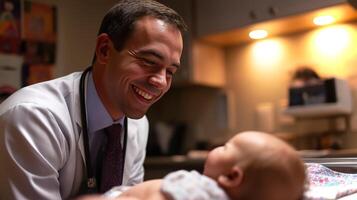 A pediatrician smiles broadly while engaging with a cute baby lying on an exam table in a warm, inviting clinic environment. photo