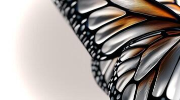 Captivating close-up of a butterfly wing highlights delicate textures and colorful patterns against a clean backdrop, emphasizing nature's artistry and designs. photo