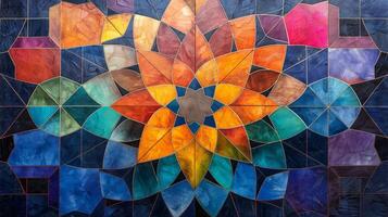 A stunning mosaic artwork showcases a blend of vivid colors arranged in an intricate pattern. The abstract design appears like a floral motif, creating a mesmerizing visual effect. photo