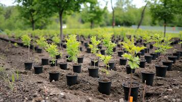 Dedicated volunteers are planting saplings in prepared soil to restore local forests, ensuring biodiversity and enhancing the ecosystem for future generations. photo