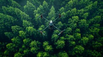 A drone flies over a dense forest, capturing the vibrant greenery of trees growing in harmony. This aerial view highlights the importance of conservation and reforestation for the environment. photo