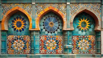 Colorful mosaics feature detailed patterns and shapes, beautifully arranged in arches against a textured background. photo