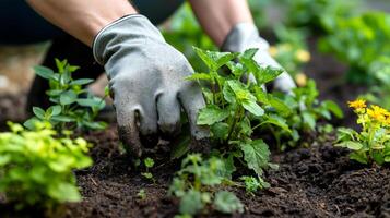 Dedicated hands work the soil to plant saplings, fostering growth within a vibrant garden. This nurturing activity promotes sustainability and conservation in the local environment. photo