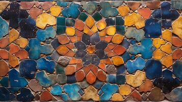 Intricate mosaic composed of colorful tiles featuring a captivating abstract pattern. The arrangement showcases shades of blue, orange, and yellow, creating a stunning visual experience. photo