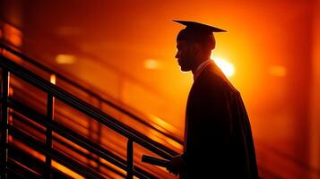 A graduate wearing a cap and gown descends a stage holding a diploma. The silhouette is illuminated by warm light during a graduation ceremony. photo