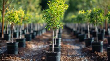 In a vibrant nursery, a person plants a healthy tree sapling into the soil, supporting reforestation efforts and nurturing biodiversity. photo