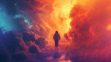 An astronaut traverses a surreal cosmic landscape filled with colorful clouds and distant stars, embodying the essence of a space nomad exploring uncharted realms. photo