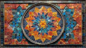 This detailed mosaic displays a stunning array of geometric patterns and vibrant colors, showcasing craftsmanship and creativity. The circular design radiates energy and artistic elegance. photo