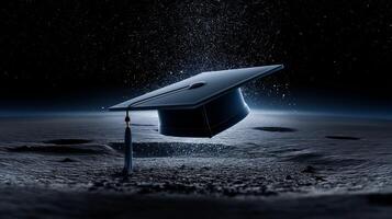 A graduation cap is seen hovering above the moon's surface, joined by a cloud of floating space dust, creating a unique cosmic scene. photo