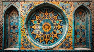 Decorative wall adorned with intricate mosaic patterns in vivid colors showcases an artistic arrangement. The abstract design includes circular and geometric elements, creating visual harmony. photo