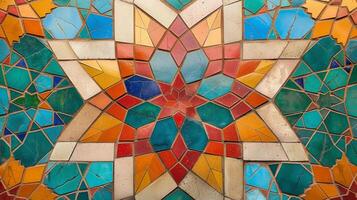 This artwork showcases an intricate abstract mosaic composed of various colored tiles arranged in a star pattern. photo