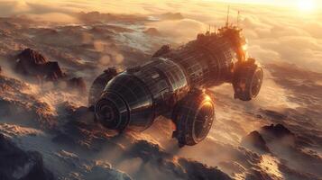 A futuristic nomadic spacecraft glides above rocky terrain, enveloped in golden light. It explores the alien environment during sunrise, showcasing advanced technology and a quest for new worlds. photo