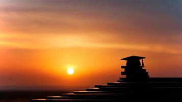 Silhouette of a graduation cap resting atop a stack of textbooks, illuminated by a glowing sunset, representing the culmination of academic effort and success. photo