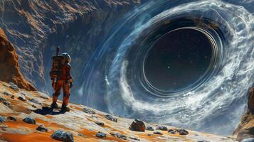 A lone nomad stands on a rocky terrain, gazing into a swirling cosmic portal that opens into the vastness of space. The atmosphere glows with the colors of an alien sunrise. photo