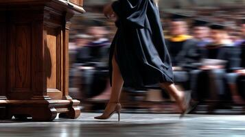 A graduate gracefully curtseys to the chancellor on stage, embodying a moment of respect during a graduation ceremony in a historic setting filled with attendees. photo