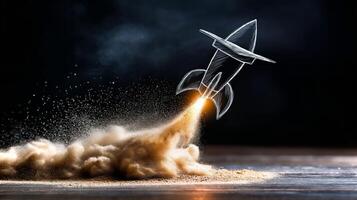 A chalkboard illustration features a rocket launching with a graduation cap hovering above, symbolizing achievement and potential. photo