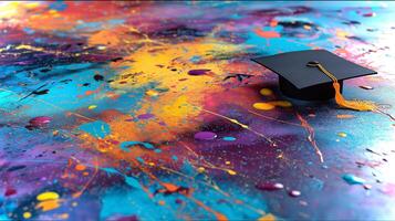 A graduation cap is placed on a vibrant painter's palette, showcasing a blend of bright colors. This artistic display symbolizes celebration and creativity. photo