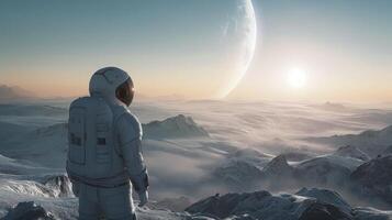 A lone astronaut stands on a snow-covered terrain, gazing at a massive planet rising over the horizon while the sun illuminates the distant mountains. The atmosphere is serene and otherworldly. photo