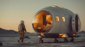 An astronaut in a sleek suit approaches a modern, pod-like structure. The setting sun casts a warm glow, illuminating the surroundings. photo