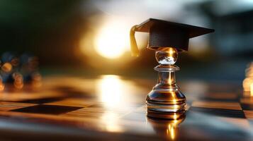 A graduation cap floats above a chess knight piece, symbolizing the blend of education and strategy. The background features soft sunset lighting. photo