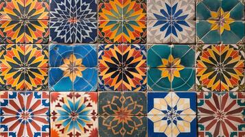 A collection of intricate mosaic tiles showcases an array of geometric patterns and vivid colors. photo