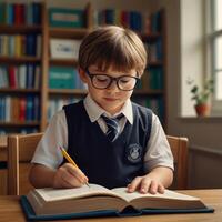 young boy in glasses is writing in a book photo