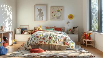 A child's bedroom with a bed, a desk, a chair, a rug, and a photo