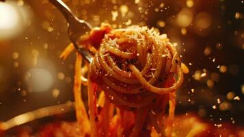 Forkful of spaghetti with sauce photo