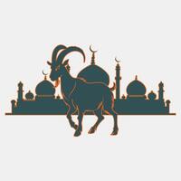 Silhouette of a goat with horns in front of a mosque with crescent moon icons vector