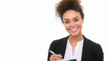 A smiling woman holding a clipboard and pen photo