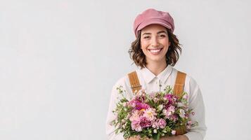 A woman in overalls holding a bouquet of flowers photo