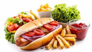 A hot dog, french fries, salad and ketchup photo