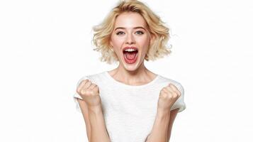 A woman with her mouth open and a white background photo