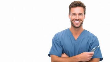 A smiling man in scrub clothes holding a pair of scissors photo