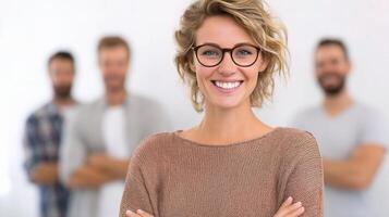 Happy Team Leader Standing Confidently in Front of Team Members photo