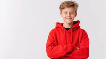 A boy in a red hoodie standing with his arms crossed photo
