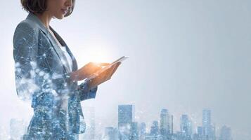 Businesswoman Holding Tablet Near Skyscrapers in Urban Setting photo