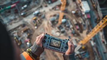 A person holding a game controller in front of a construction site photo