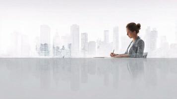 A woman sitting at a desk with a city in the background photo