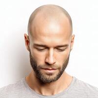 A bald man with a beard and a gray shirt photo