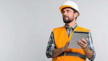 A man in an orange vest holding a tablet computer photo